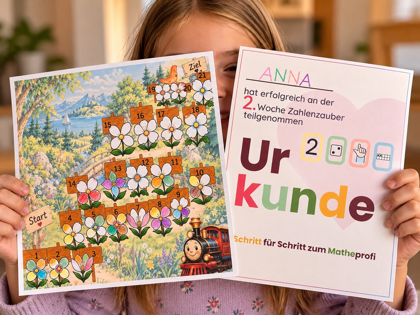 Ein Mädchen hält den ausgemalten Zahlenzauber-Weg und ihre Urkunde für die 2. Woche Zahlenzauber hoch