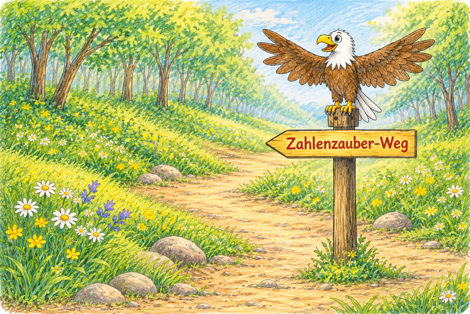 Adler Abraham auf dem Wegweiser zum Zahlenzauber-Weg