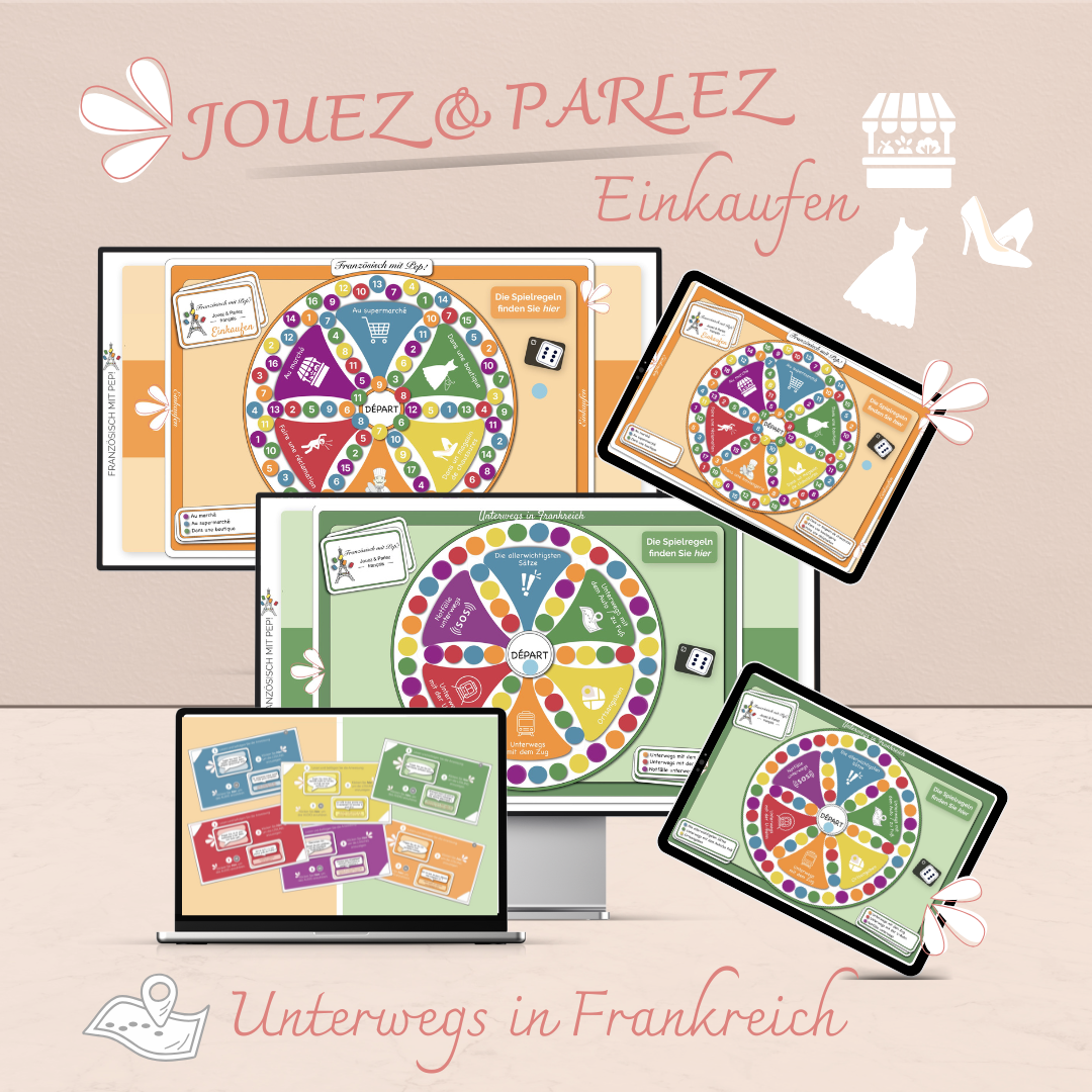 Das Bild zeigt das interaktive Spielplan mit einige Aktivitäten und das gedruckte Spielplan mit Lernkarten das als Bonus angeboten wird. 