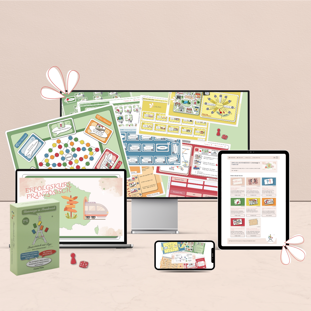 Inhalt vom Erfolgskurs Französisch mit Spielplan und Lernkartenset zum Französisch lernen