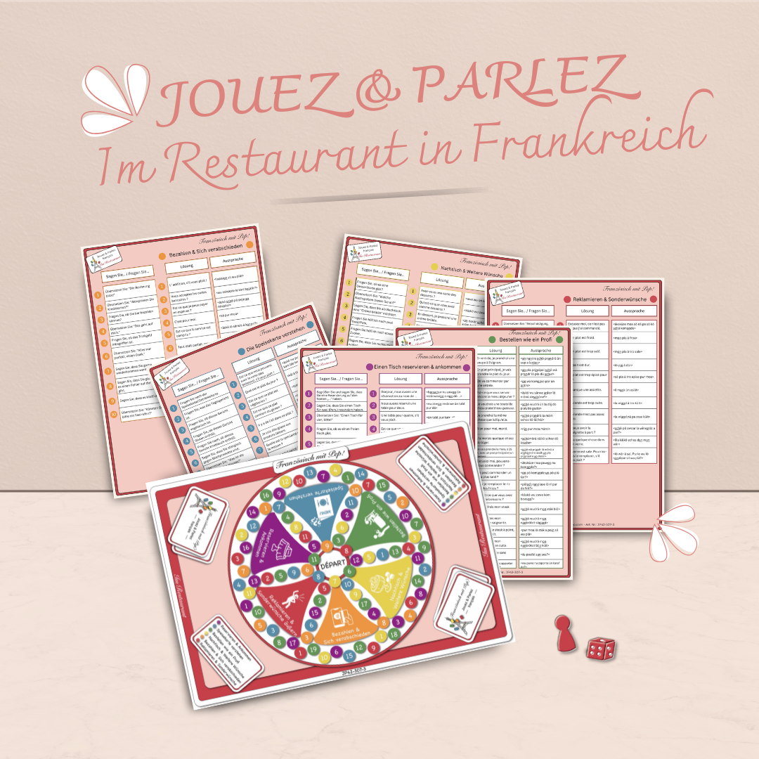 Das Bild zeig der Spielplan "Unterwegs in Frankreich" von Franzoesisch-mit-pep.com