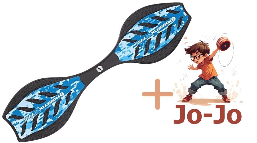 Abbildung zeigt Produktbild des Ripstik air pro Waveboard in camouflage/blau mit grafischem Element eines Kindes, das ein Jo-Jo schwingt