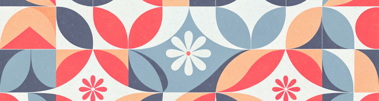 Abstraktes geometrisches Muster mit runden Formen in Blau-, Rot- und Gelbtönen