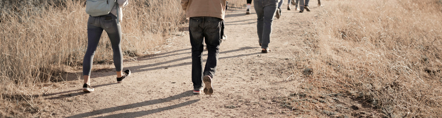Mehrere Menschen gehen gemeinsam einen Weg entlang in natürlicher Umgebung