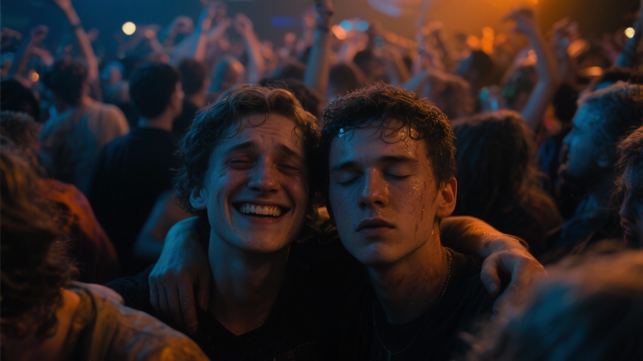 Anatomie der Frequenzen: Das Bild zeigt zwei Freunde auf einem Rave. Sie halten zusammen, da es dem einem gerade anscheinend nicht gut geht. Ein Gesicht lacht, das andere verschwindet gerade aus dieser Realität.