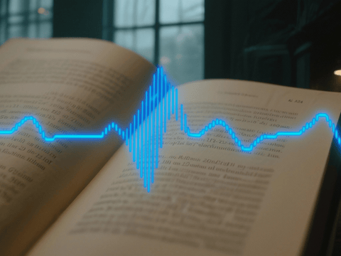 Verzerrte Buchseite mit Textfragmenten, die in digitale Signalwellen übergehen. Symbolbild für die Vision der neu kompilierten Popliteratur.