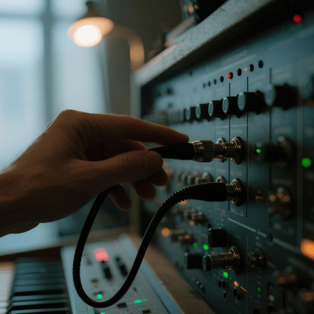 Nahaufnahme einer Hand, die ein Audio-Kabel in einen Synthesizer steckt. Symbolbild für Kontaktaufnahme und das Verstärken des Signals.