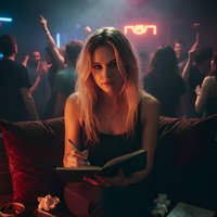 Chloe, die Muse. Eine junge attraktive Frau mit intensivem Blick in rötlichem Club-Licht.