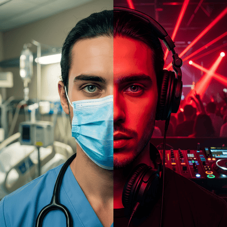 onas Danling. Geteiltes Gesicht: Links als Krankenpfleger mit medizinischer Maske und Kittel, rechts als DJ mit Kopfhörern in dunkler Club-Atmosphäre mit rotem Licht.
