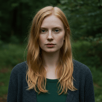 Sarah, die Ärztin im Roman 'Anatomie der Frequenzen'. Eine junge Frau mit ernstem Blick in natürlicher Umgebung, die für Realität und Stabilität steht.