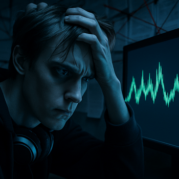 Leo, der Protagonist von Band 2. Ein Mann in dunkler Kleidung, der konzentriert Notizen macht. Die Atmosphäre ist die eines Ermittlers.