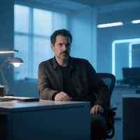 Moritz Weller, Musikjournalist und Blogger. Ein Mann mit kritischem Blick in einem Redaktionsbüro. Er repräsentiert die mediale Gegenstimme zu Leos Theorien.