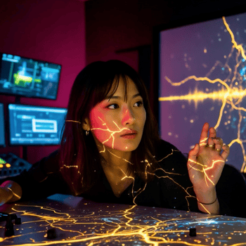 Aya Tanaka, VJ und Lichtkünstlerin. Eine junge Frau mit visionärem Blick, umgeben von digitalen Projektionen und geometrischen Lichtstrukturen in Neonfarben. Sie steht für die Synthese aus Technologie und Emotion.