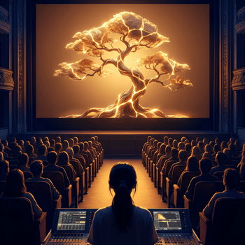 Aya Tanaka in einer Lichtinstallation. Auf einer großen Leinwand ein Baum, der an japanisches Kintsugi erinnern. Goldene Lichtlinien reparieren visuell die Risse in der Realität. Symbol für Heilung durch Kunst.