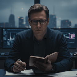 Leo Kaiser (2021). Ein seriöser Medienwissenschaftler in einem modernen Büro, umgeben von Büchern. Sein Blick ist ernst und analytisch, zeugt aber von der tiefen Leidenschaft für sein Forschungsobjekt.