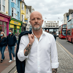 Liam O'Connor (2021). Ein älterer Mann mit grauem Bart in Brighton vor dem Pier. Er wirkt professionell, ruhig und autoritär – der Kurator, der den Überblick behält.