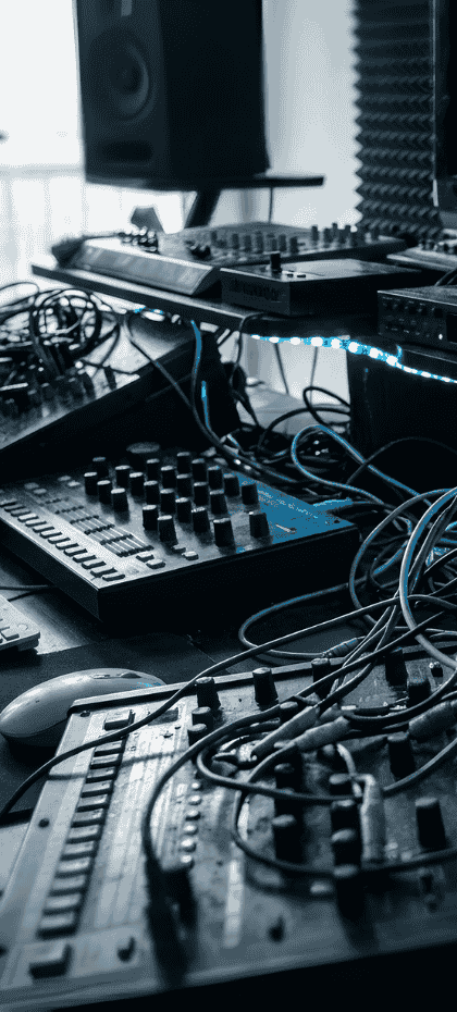 Nahaufnahme von Hardware-Synthesizern und Kabeln in einem dunklen Musikstudio, beleuchtet von blauen LEDs. Symbolisiert die frühe, analoge Produktionsphase von Jonas Danling (2010-2012).