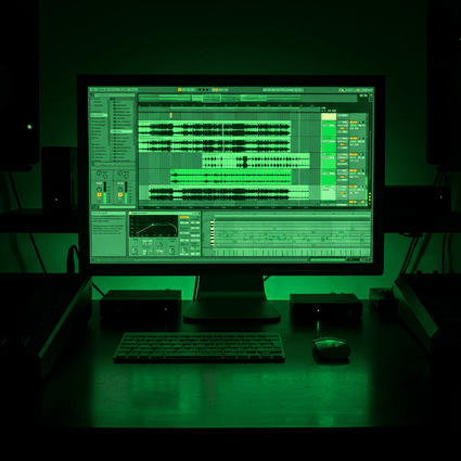 Computerbildschirm mit DAW-Software (Digital Audio Workstation) und grünen Wellenformen. Symbolisiert die digitale Analyse und die forensische Suche nach Anomalien im Sound.