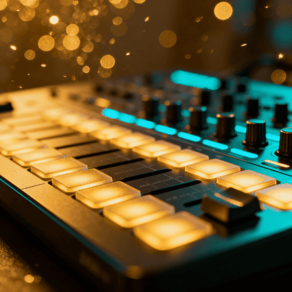 Beleuchteter MIDI-Controller mit goldenen und cyanfarbenen LEDs im Dunkeln. Symbolisiert die digitale Synthese von Licht und Sound für Ayas Kapitel.