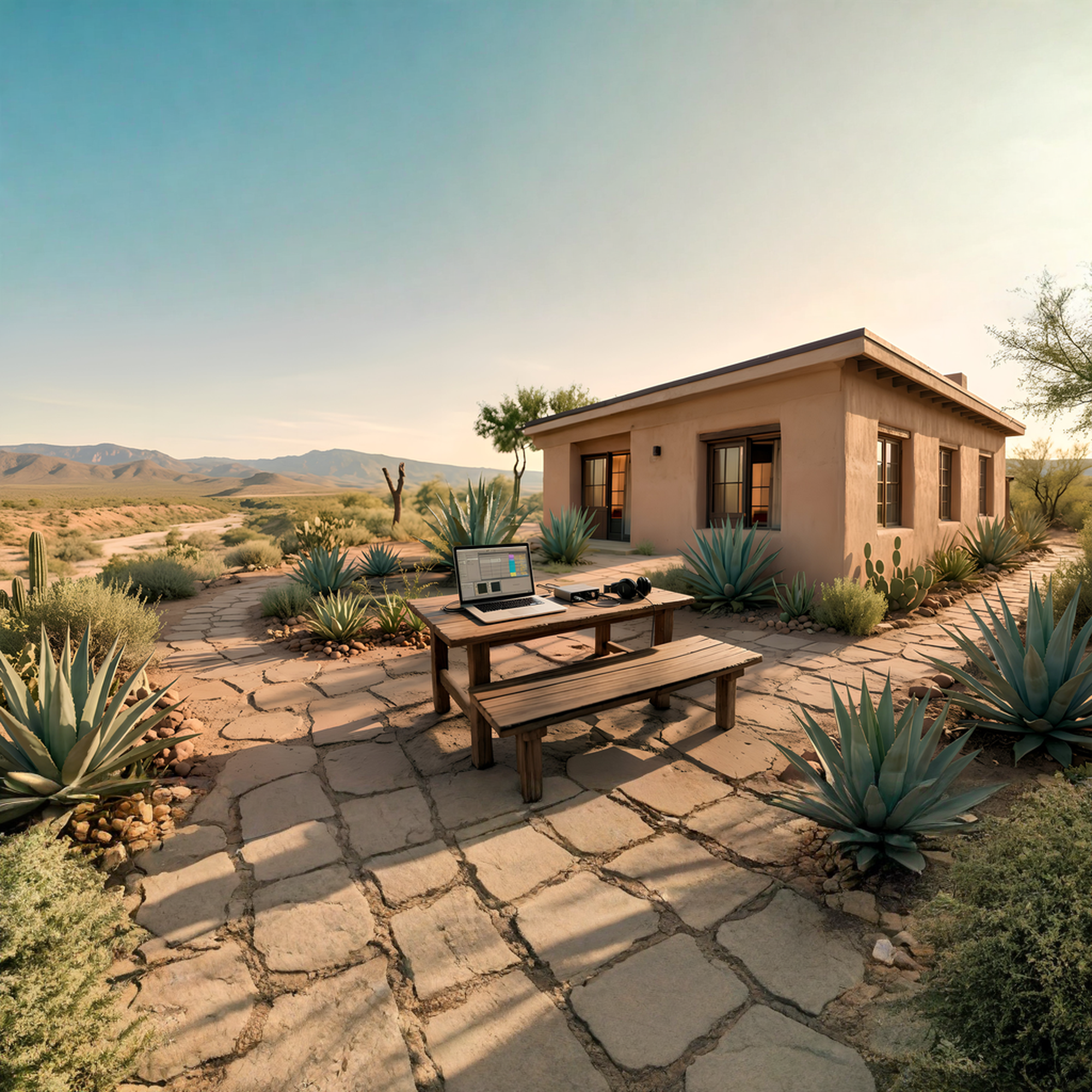 Mobiles Studio-Setup mit Laptop und Audio-Interface vor einer Fensterfront mit Blick ins Grüne. Symbolisiert das geerdete Produzieren in der Natur Mexikos.