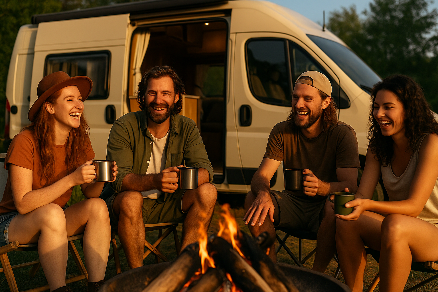 sommer-Setze in einem stimmungsvollen Bild mit Vanlifern beim Kaffeetrinken, Lachen oder am Lagerfeuer.